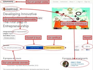 Qu’est-ce que c’est ? 
Un investissement raisonnable 
 Ouvert à tous 
 Entre deux dates (début – fin) 
Ouvert à tous 
Un certificat 
Une autorité scientifique 
 Vidéos, quizz, forums, évaluation par les pairs 
 Certificats 
Sur une période donnée 
Institut Mines-Télécom 
09/29 09/2014 TIC/Web et médiation 
Massif 
Sur un portail visible 
 