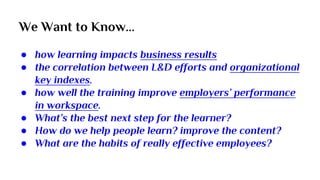 We Want to Know...
● how learning impacts business results
● the correlation between L&D efforts and organizational
key indexes.
● how well the training improve employers’ performance
in workspace.
● What’s the best next step for the learner?
● How do we help people learn? improve the content?
● What are the habits of really effective employees?
 