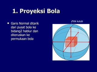 1. Proyeksi Bola Garis Normal ditarik dari pusat bola ke bidang2 hablur dan diteruskan ke permukaan bola Titik kutub 