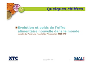 Copyright XTC 2010 2
Quelques chiffres
Evolution et poids de l’offre
alimentaire nouvelle dans le monde
extraits du Panorama Mondial de l’Innovation 2010 XTC
 