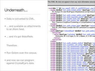XTech 2008 presentation; "Representing, indexing and mining science with XML and RDF: Golem and CrystalEye"