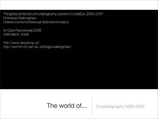XTech 2008 presentation; "Representing, indexing and mining science with XML and RDF: Golem and CrystalEye"