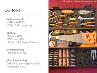 XTech 2008 presentation; "Representing, indexing and mining science with XML and RDF: Golem and CrystalEye"