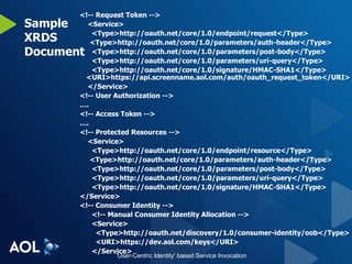 Sample XRDS Document <!-- Request Token --> <Service> <Type>http://oauth.net/core/1.0/endpoint/request</Type> <Type>http://oauth.net/core/1.0/parameters/auth-header</Type> <Type>http://oauth.net/core/1.0/parameters/post-body</Type> <Type>http://oauth.net/core/1.0/parameters/uri-query</Type> <Type>http://oauth.net/core/1.0/signature/HMAC-SHA1</Type>  <URI>https://api.screenname.aol.com/auth/oauth_request_token</URI> </Service> <!-- User Authorization --> … . <!-- Access Token --> … . <!-- Protected Resources --> <Service> <Type>http://oauth.net/core/1.0/endpoint/resource</Type> <Type>http://oauth.net/core/1.0/parameters/auth-header</Type> <Type>http://oauth.net/core/1.0/parameters/post-body</Type> <Type>http://oauth.net/core/1.0/parameters/uri-query</Type> <Type>http://oauth.net/core/1.0/signature/HMAC-SHA1</Type> </Service> <!-- Consumer Identity --> <!-- Manual Consumer Identity Allocation --> <Service> <Type>http://oauth.net/discovery/1.0/consumer-identity/oob</Type> <URI>https://dev.aol.com/keys</URI> </Service> 