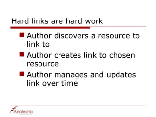Hard links are hard work
   Author discovers a resource to
    link to
   Author creates link to chosen
    resource
   Author manages and updates
    link over time
 