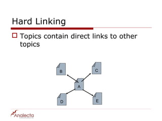 Hard Linking
 Topics contain direct links to other
  topics


              B          C



                    A


              D          E
 