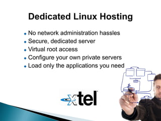 Dedicated Linux Hosting
 No network administration hassles
 Secure, dedicated server

 Virtual root access

 Configure your own private servers

 Load only the applications you need
 