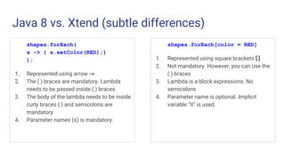 Java 8 vs. Xtend (subtle differences)
shapes.forEach(
s -> { s.setColor(RED);}
);
1. Represented using arrow ->
2. The ( ) braces are mandatory. Lambda
needs to be passed inside ( ) braces
3. The body of the lambda needs to be inside
curly braces { } and semicolons are
mandatory
4. Parameter names (s) is mandatory.
shapes.forEach[color = RED]
1. Represented using square brackets [ ]
2. Not mandatory. However, you can use the
( ) braces
3. Lambda is a block expressions. No
semicolons
4. Parameter name is optional. Implicit
variable “it” is used.
 