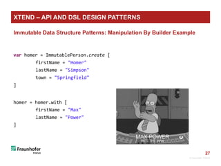 27
Immutable Data Structure Patterns: Manipulation By Builder Example
var homer = ImmutablePerson.create [
firstName = "Homer"
lastName = "Simpson"
town = "Springfield"
]
homer = homer.with [
firstName = "Max"
lastName = "Power"
]
© Fraunhofer FOKUS
XTEND – API AND DSL DESIGN PATTERNS
 