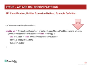 32
API Xtendification, Builder Extension Method; Example Definition
Let’s define an extension method:
static def ThreadPoolExecutor create(Class<ThreadPoolExecutor> clazz,
(ThreadPoolExecutorBuilder)=>void config) {
val builder = new ThreadPoolExecutorBuilder
config.apply(builder)
builder.build
}
© Fraunhofer FOKUS
XTEND – API AND DSL DESIGN PATTERNS
 