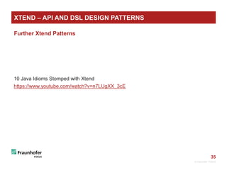 35
Further Xtend Patterns
10 Java Idioms Stomped with Xtend
https://www.youtube.com/watch?v=n7LUgXX_3cE
© Fraunhofer FOKUS
XTEND – API AND DSL DESIGN PATTERNS
 