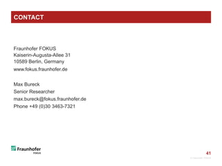 41
© Fraunhofer FOKUS
Fraunhofer FOKUS
Kaiserin-Augusta-Allee 31
10589 Berlin, Germany
www.fokus.fraunhofer.de
Max Bureck
Senior Researcher
max.bureck@fokus.fraunhofer.de
Phone +49 (0)30 3463-7321
CONTACT
 