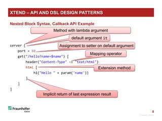 8
Nested Block Syntax, Callback API Example
server [
port = 80
get("/hello?name=$name") [
header("Content-Type" -> "text/html")
html [
h1("Hello " + param('name'))
]
]
]
© Fraunhofer FOKUS
XTEND – API AND DSL DESIGN PATTERNS
Assignment to setter on default argument
default argument it
Implicit return of last expression result
Extension method
Method with lambda argument
Mapping operator
 