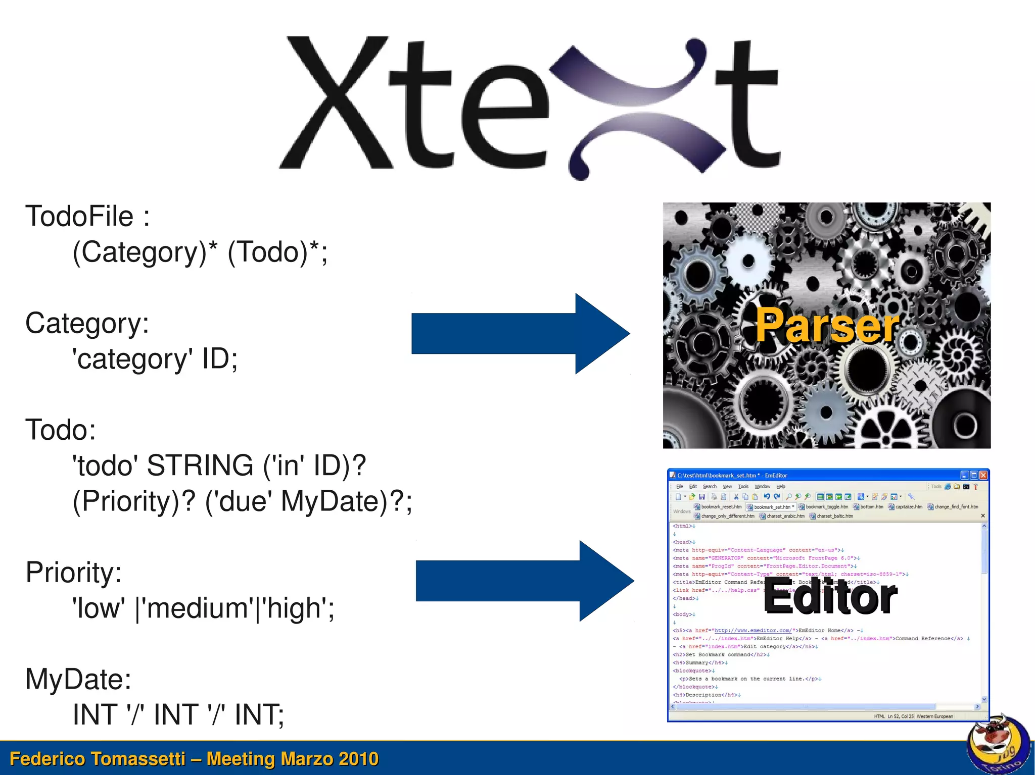 TodoFile :
    (Category)* (Todo)*;

 Category:                                     Parser
    'category' ID;

 Todo:
    'todo' STRING ('in' ID)? 
    (Priority)? ('due' MyDate)?;

 Priority:
     'low' |'medium'|'high';                   Editor
 MyDate:
    INT '/' INT '/' INT;                    

Federico Tomassetti – Meeting Marzo 2010
 