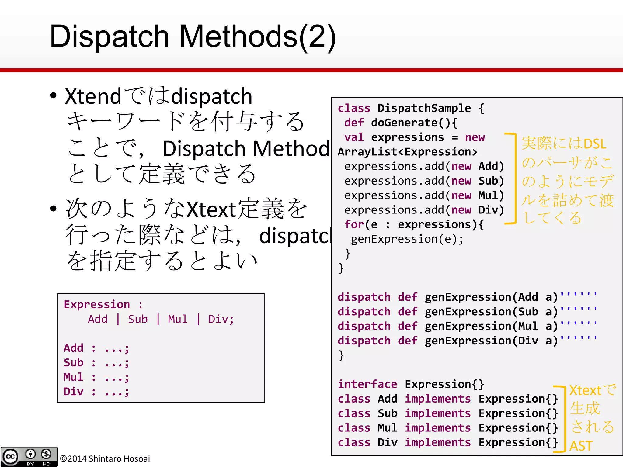 ©2014 Shintaro Hosoai
Dispatch Methods(2)
• Xtendではdispatch
キーワードを付与する
ことで，Dispatch Method
として定義できる
• 次のようなXtext定義を
行った際などは，dispatch
を指定するとよい
class DispatchSample {
def doGenerate(){
val expressions = new
ArrayList<Expression>
expressions.add(new Add)
expressions.add(new Sub)
expressions.add(new Mul)
expressions.add(new Div)
for(e : expressions){
genExpression(e);
}
}
dispatch def genExpression(Add a)''''''
dispatch def genExpression(Sub a)''''''
dispatch def genExpression(Mul a)''''''
dispatch def genExpression(Div a)''''''
}
interface Expression{}
class Add implements Expression{}
class Sub implements Expression{}
class Mul implements Expression{}
class Div implements Expression{}
Expression :
Add | Sub | Mul | Div;
Add : ...;
Sub : ...;
Mul : ...;
Div : ...;
実際にはDSL
のパーサがこ
のようにモデ
ルを詰めて渡
してくる
Xtextで
生成
される
AST
 