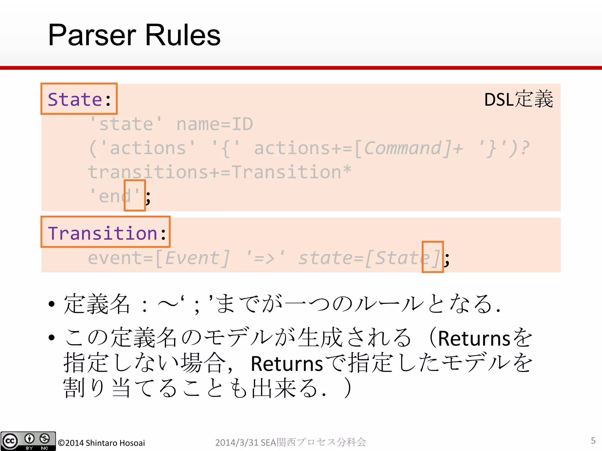 ©2014 Shintaro Hosoai
Parser Rules
• 定義名：～‘；’までが一つのルールとなる．
• この定義名のモデルが生成される（Returnsを
指定しない場合，Returnsで指定したモデルを
割り当てることも出来る．）
52014/3/31 SEA関西プロセス分科会
State:
'state' name=ID
('actions' '{' actions+=[Command]+ '}')?
transitions+=Transition*
'end';
Transition:
event=[Event] '=>' state=[State];
DSL定義
 