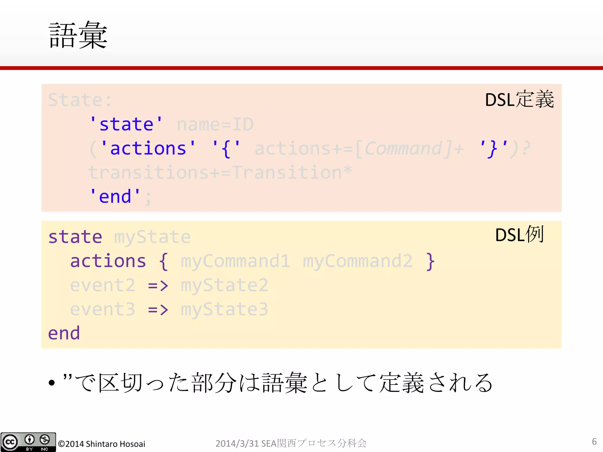 ©2014 Shintaro Hosoai
語彙
• ’’で区切った部分は語彙として定義される
62014/3/31 SEA関西プロセス分科会
State:
'state' name=ID
('actions' '{' actions+=[Command]+ '}')?
transitions+=Transition*
'end';
DSL定義
state myState
actions { myCommand1 myCommand2 }
event2 => myState2
event3 => myState3
end
DSL例
 