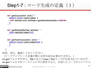 ?2014 Shintaro Hosoai
Step1-7 : `ɤζx
192014/3/31 SEAvץֿƻ
def genClass(Unit unit)'''
public class ?unit.name? {
?FOR method:unit.methods??genMethod(method)??ENDFOR?
}
'''
def genMethod(Method method)'''
void ?method.name?(){}
'''
def genTestClass(Unit unit)'''
public class ?unit.name?Test {
}
'''
}
ٶȣgУ_JƤߤƤ
`ɥƥץ`ȶxHˤɤϱҪޤ󣮣
src-genեФˣDSLˏꤸJavaTest`ɤɤƤϤ
src-genե򥽩`եָȣɤ`ɤѥ뤵
 