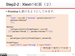 ?2014 Shintaro Hosoai
Step2-2 : XtextΒ
? Primitive褦ˤƤߤޤ
222014/3/31 SEAvץֿƻ
Unit:
"unit" name=ID ("extends" parent=[Unit])?"{"
methods+=Method*
"}";
Method:
retType=([Unit]|PredefTypes) name=ID
("("params+=Param (","params+=Param)*")")?;
Param:
paramType=([Unit]|PredefTypes) param=ID;
PredefTypes:
type="int"| type="String" | type="Void";
?gФƤߤ
礦
 