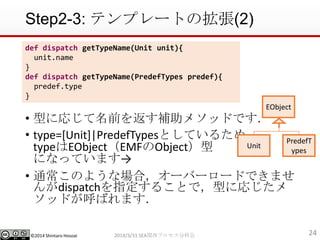?2014 Shintaro Hosoai
Step2-3: ƥץ`ȤΒ(2)
? ͤˏꤸǰ򷵤a᥽åɤǤ
? type=[Unit]|PredefTypesȤƤ뤿
typeEObjectEMFObject
ˤʤäƤޤ
? ͨΤ褦ʈϣ`Щ``ɤǤޤ
dispatchָ뤳Ȥǣͤˏꤸ
åɤФޤ
242014/3/31 SEAvץֿƻ
def dispatch getTypeName(Unit unit){
unit.name
}
def dispatch getTypeName(PredefTypes predef){
predef.type
}
EObject
Unit
PredefT
ypes
 