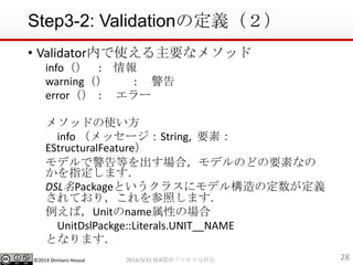 ?2014 Shintaro Hosoai
Step3-2: Validationζx
? ValidatorڤʹҪʥ᥽å
info : 
warning : 
error : `
᥽åɤʹ
info å`String, Ҫأ
EStructuralFeature
ǥǾȤϣǥΤɤҪؤʤ
ָޤ
DSLPackageȤ饹˥ǥ똋ζx
Ƥ꣬դޤ
УUnitnameԤΈ
UnitDslPackge::Literals.UNIT__NAME
Ȥʤޤ
282014/3/31 SEAvץֿƻ
 