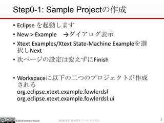 ?2014 Shintaro Hosoai
Step0-1: Sample Project
? Eclipse Ӥޤ
? New > Example ʾ
? Xtext Examples/Xtext State-Machine Examplex
kNext
? Υک`Oω䤨Finish
? Workspace¤ζĤΥץȤ

org.eclipse.xtext.example.fowlerdsl
org.eclipse.xtext.example.fowlerdsl.ui
32014/3/31 SEAvץֿƻ
 