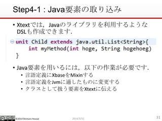 ?2014 Shintaro Hosoai
Step4-1 : JavaҪؤȡz
? XtextǤϣJavaΥ饤֥ä褦
DSLɤǤޤ
? JavaҪؤäˤϣ¤IҪǤ
? ZxXbaseMixin
? ZxJvmmΤˉ
? 饹ȤƒQҪؤXtextˁ
312014/3/31
 