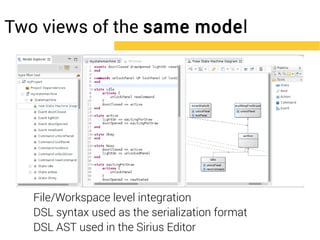 Two views of the same model 
File/Workspace level integration 
DSL syntax used as the serialization format 
DSL AST used i...