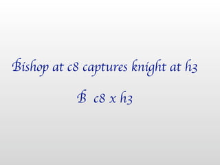 "ishop at c8 captures knight at h3

           " c8 x h3
 