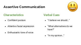 Assertive Communication
Characteristics
● Confident posture
● Attentive facial expression
● Enthusiastic tone of voice
Verbal Cues
● “I believe we should…”
● “What alternatives do we
have?”
● “In my opinion…”
 