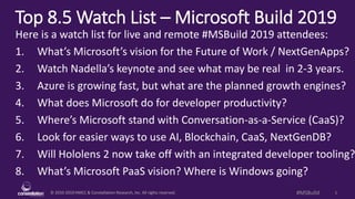 © 2010-2019 HMCC & Constellation Research, Inc. All rights reserved. 1#MSBulld
Top 8.5 Watch List – Microsoft Build 2019
Here is a watch list for live and remote #MSBuild 2019 attendees:
1. What’s Microsoft’s vision for the Future of Work / NextGenApps?
2. Watch Nadella’s keynote and see what may be real in 2-3 years.
3. Azure is growing fast, but what are the planned growth engines?
4. What does Microsoft do for developer productivity?
5. Where’s Microsoft stand with Conversation-as-a-Service (CaaS)?
6. Look for easier ways to use AI, Blockchain, CaaS, NextGenDB?
7. Will Hololens 2 now take off with an integrated developer tooling?
8. What’s Microsoft PaaS vision? Where is Windows going?
 