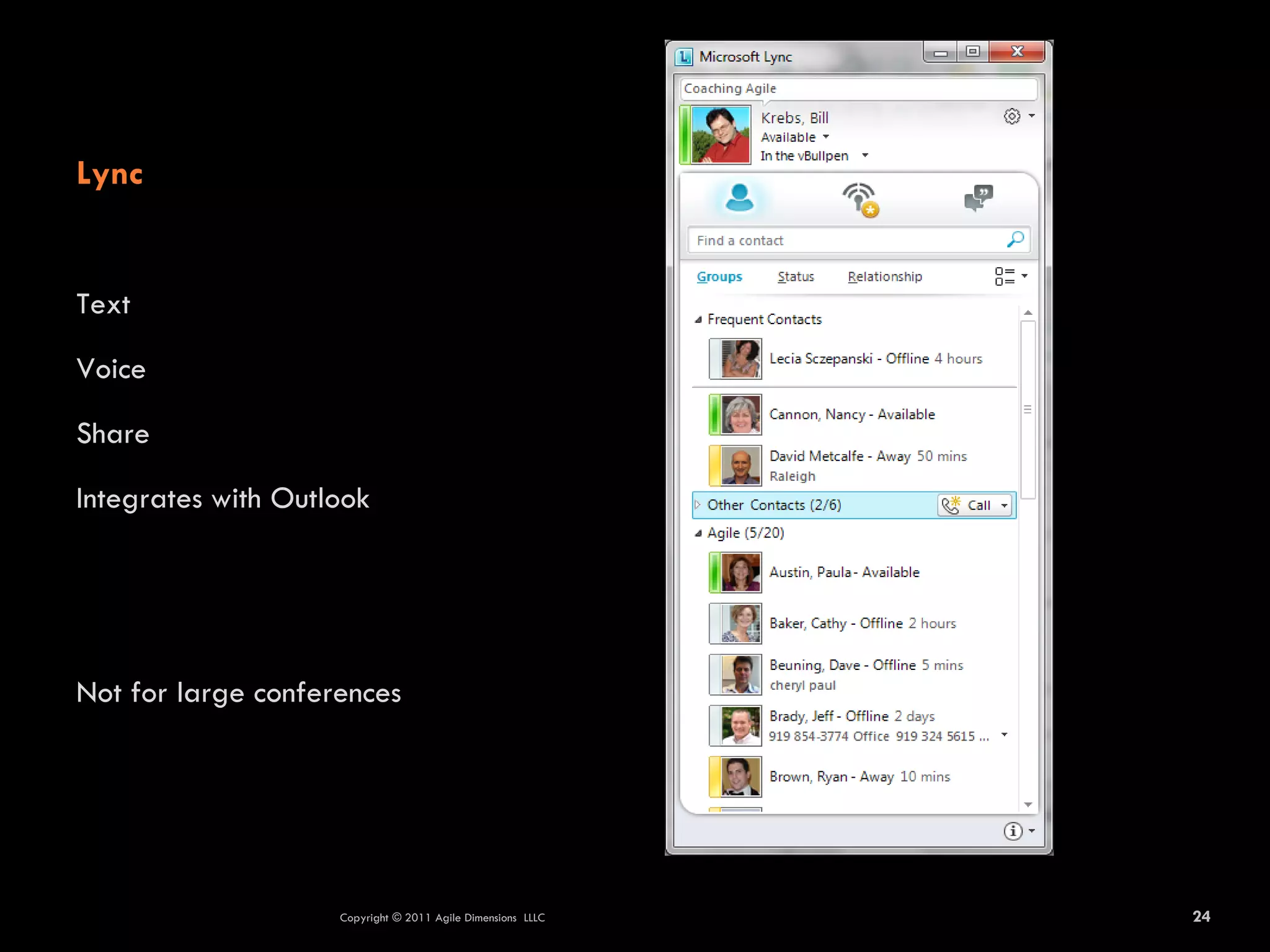 Lync


Text

Voice

Share

Integrates with Outlook




Not for large conferences




                    Copyright © 2011 Agile Dimensions LLLC   24
 