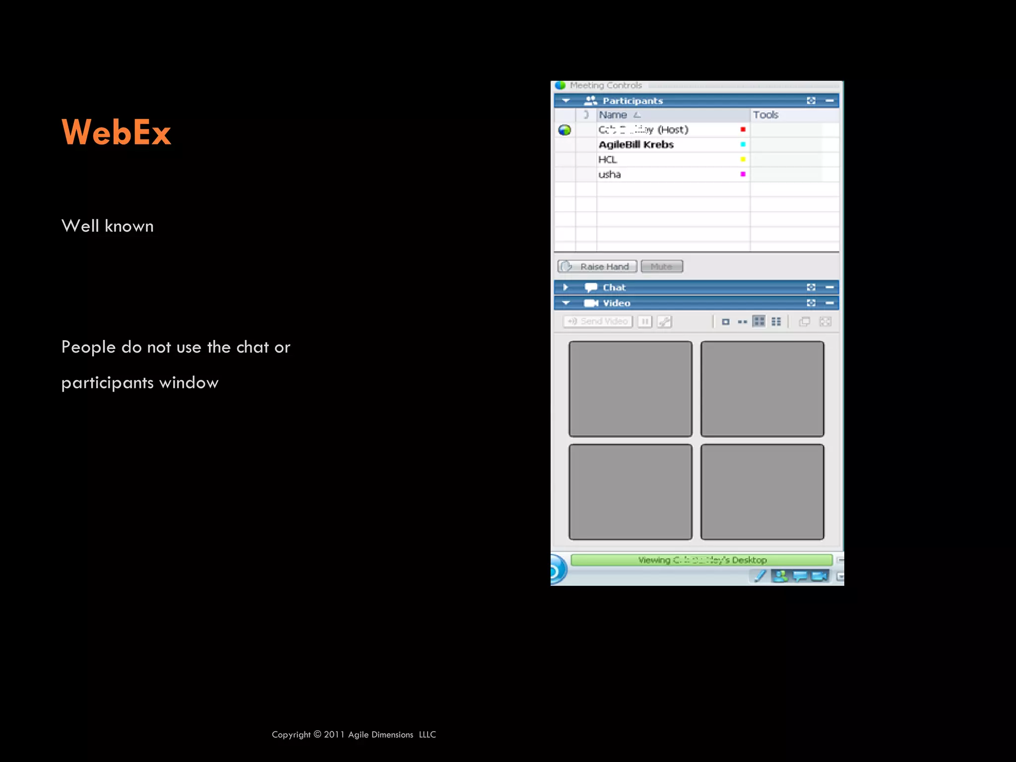 WebEx

Well known




People do not use the chat or
participants window




                          Copyright © 2011 Agile Dimensions LLLC
 
