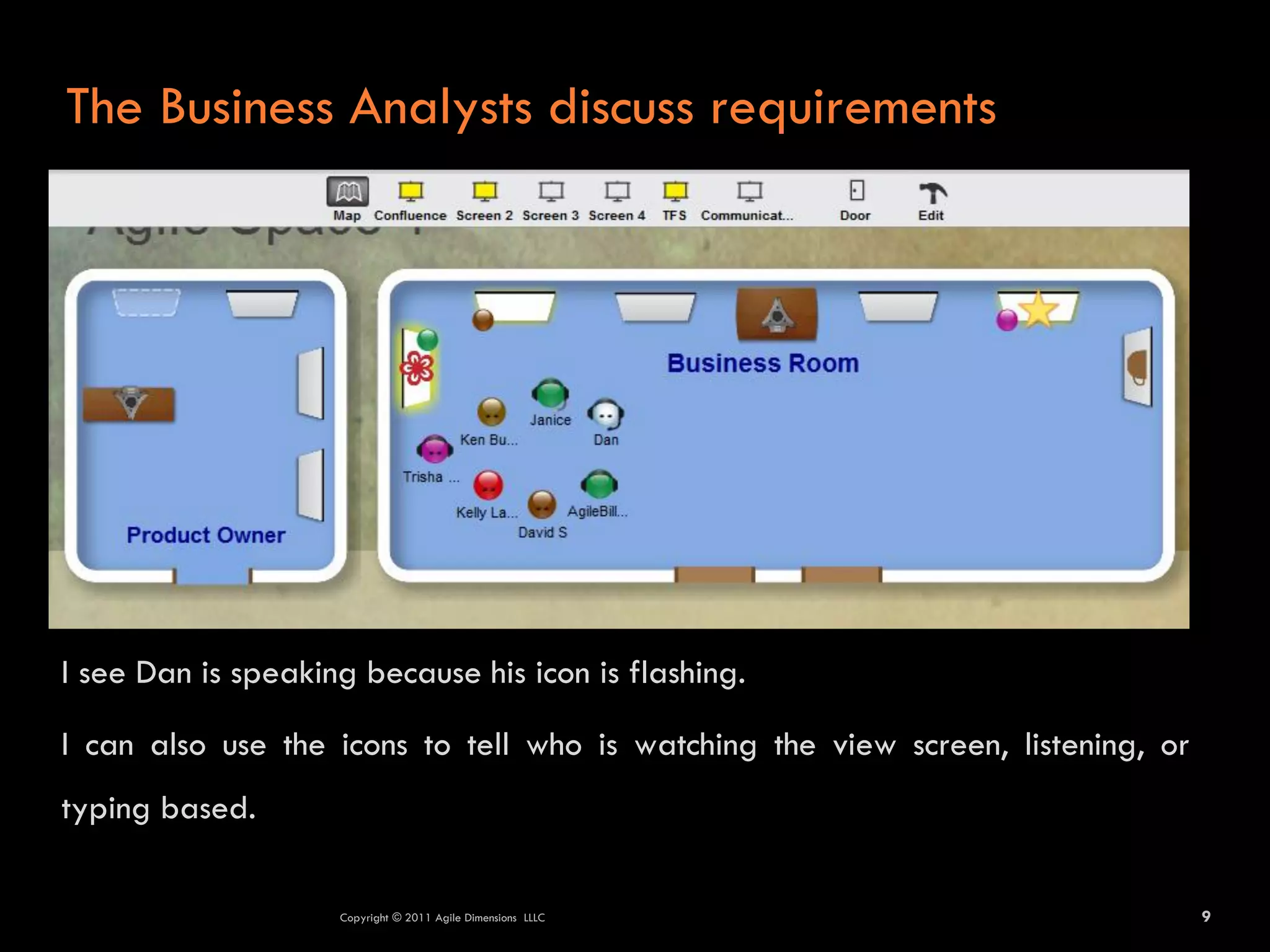 The Business Analysts discuss requirements




I see Dan is speaking because his icon is flashing.

I can also use the icons to tell who is watching the view screen, listening, or
typing based.

                    Copyright © 2011 Agile Dimensions LLLC                        9
 