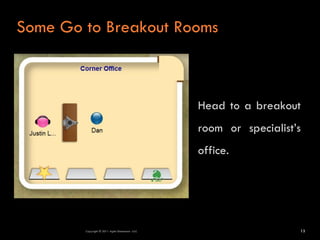 Some Go to Breakout Rooms



                                                 Head to a breakout
                                                 room or specialist’s
                                                 office.




        Copyright © 2011 Agile Dimensions LLLC                      13
 