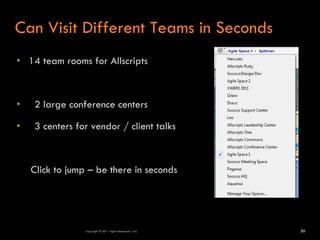 Can Visit Different Teams in Seconds
• 14 team rooms for Allscripts



•   2 large conference centers

•   3 centers for vendor / client talks



    Click to jump – be there in seconds




                 Copyright © 2011 Agile Dimensions LLLC   20
 
