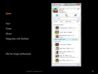 Lync


Text

Voice

Share

Integrates with Outlook




Not for large conferences




                    Copyright © 2011 Agile Dimensions LLLC   24
 