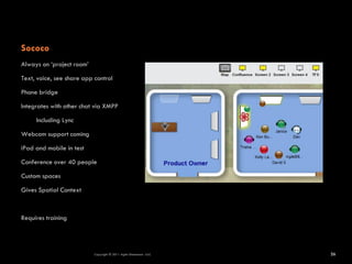 Sococo
Always on ‘project room’

Text, voice, see share app control

Phone bridge

Integrates with other chat via XMPP

     Including Lync

Webcam support coming

iPad and mobile in test

Conference over 40 people

Custom spaces

Gives Spatial Context



Requires training




                           Copyright © 2011 Agile Dimensions LLLC   26
 