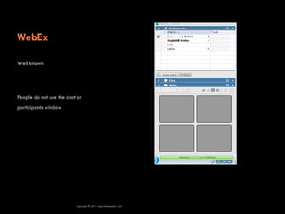 WebEx

Well known




People do not use the chat or
participants window




                          Copyright © 2011 Agile Dimensions LLLC
 