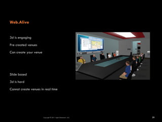 Web.Alive


3d is engaging

Pre created venues

Can create your venue




Slide based

3d is hard

Cannot create venues in real time




                        Copyright © 2011 Agile Dimensions LLLC   29
 