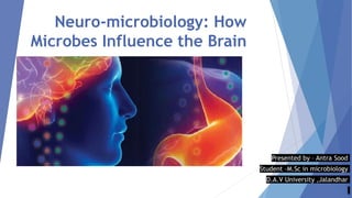 Neuro-microbiology: How
Microbes Influence the Brain
Presented by – Antra Sood
Student –M.Sc in microbiology
D.A.V University ,Jalandhar
 