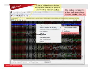 Suite of tabbed tools deliver
                       information needed to monitor
                         and react to network status     Take instant remediative
                                                         action, such as adding a
Managing XTM Solutions: Real-Time                    Visibility blocked sites list
                                                         site to a

Real-time monitoring lets you take instant action to
protect your network.
 