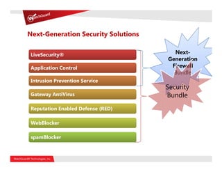 Next-Generation Security Solutions

 LiveSecurity®                         Next-
                                     Generation
 Application Control                  Firewall
                                       Bundle
 Intrusion Prevention Service
                                     Security
 Gateway AntiVirus                   Bundle
 Reputation Enabled Defense (RED)

 WebBlocker

 spamBlocker
 