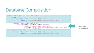 Database Composition
1 File Group,
1 or More files

 