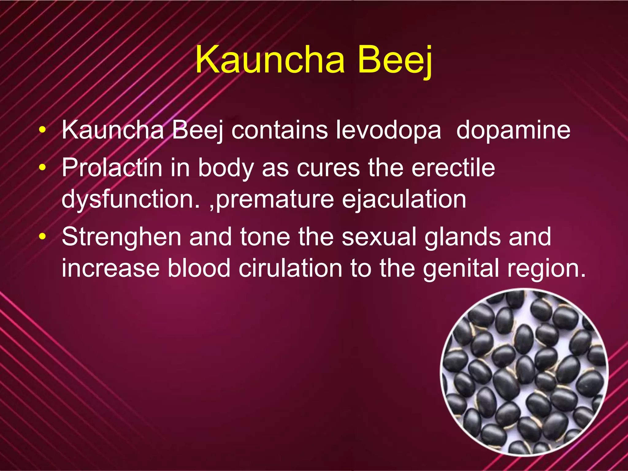 Kauncha Beej
• Kauncha Beej contains levodopa dopamine
• Prolactin in body as cures the erectile
dysfunction. ,premature ejaculation
• Strenghen and tone the sexual glands and
increase blood cirulation to the genital region.
 