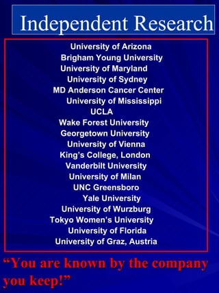 Independent Research University of Arizona  Brigham Young University University of Maryland  University of Sydney MD Anderson Cancer Center  University of Mississippi UCLA  Wake Forest University  Georgetown University  University of Vienna King’s College, London  Vanderbilt University University of Milan  UNC Greensboro Yale University  University of Wurzburg Tokyo Women’s University  University of Florida University of Graz, Austria “ You are known by the company you keep!” 