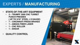 EXPERTS / MANUFACTURING
• STATE-OF-THE-ART EQUIPMENT
• 2 – TRUMPF 3000 CNC TURRET
PUNCH PRESSES
( UP TO 3/16” STEEL = 8 GAUGE)
• 7 – CINCINNATI PRESS BRAKES
• 1 – AMADA FIBER LASER
• 1 – CNC ROLLER
• 1 – SHEAR
• QUALITY CONTROL
 