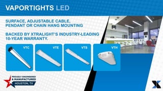 VAPORTIGHTS LED
SURFACE, ADJUSTABLE CABLE,
PENDANT OR CHAIN HANG MOUNTING
BACKED BY XTRALIGHT’S INDUSTRY-LEADING
10-YEAR WARRANTY.
SPSLRS VTHVTSVTEVTC
 