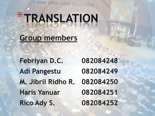 * TRANSLATION
Group members

Febriyan D.C.    082084248
Adi Pangestu     082084249
M. Jibril Ridho R. 082084250
Haris Yanuar     082084251
Rico Ady S.      082084252
 