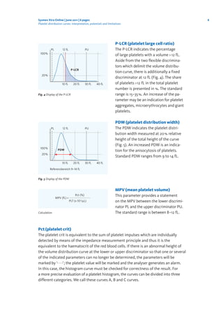 4Sysmex Xtra Online | June 2011 | 6 pages
Platelet distribution curves: interpretation, potentials and limitations
P-LCR (platelet large cell ratio)
The P-LCR indicates the percentage
of large platelets with a volume > 12 fL.
Aside from the two flexible discrimina-
tors which delimit the volume distribu-
tion curve, there is additionally a fixed
discriminator at 12 fL (Fig. 4). The share
of platelets >12 fL in the total platelet
number is presented in %. The standard
range is 15–35%. An increase of the pa-
rameter may be an indication for platelet
aggregates, microerythrocytes and giant
platelets.
PDW (platelet distribution width)
The PDW indicates the platelet distri-
bution width measured at 20% relative
height of the total height of the curve
(Fig. 5). An increased PDW is an indica-
tion for the anisocytosis of platelets.
Standard PDW ranges from 9 to 14 fL.
MPV (mean platelet volume)
This parameter provides a statement
on the MPV between the lower discrimi-
nator PL and the upper discriminator PU.
The standard range is between 8–12 fL.
Pct (platelet crit)
The platelet crit is equivalent to the sum of platelet impulses which are individually
detected by means of the impedance measurement principle and thus it is the
equivalent to the haematocrit of the red blood cells. If there is an abnormal height of
the volume distribution curve at the lower or upper discriminator so that one or several
of the indicated parameters can no longer be determined, the parameters will be
marked by ‘- - -’; the platelet value will be marked and the analyser generates an alarm.
In this case, the histogram curve must be checked for correctness of the result. For
a more precise evaluation of a platelet histogram, the curves can be divided into three
different categories. We call these curves A, B and C curves.
Fig. 4 Display of the P-LCR
Fig. 5 Display of the PDW
10 fL 20 fL 30 fL 40 fL
20%
12 fL PUPL
100%
10 fL 20 fL 30 fL 40 fL
20%
12 fL PUPL
100%
P-LCR
Referenzbereich 9–14 fL
PDW
Calculation
MPV (fL) =
Pct (%)
PLT (x 103
/μL)
 